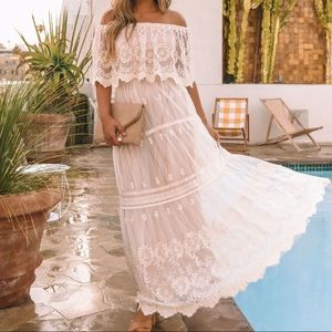 VICI FLOWER CHILD OFF THE SHOULDER LACE MAXI DRESS